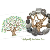 Fingerprint tree wedding guestbook featuring a hand-drawn tree with colorful leaves and pebble accents