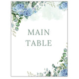 Elegant digital table number designs with blue hydrangea and green leaves floral border 