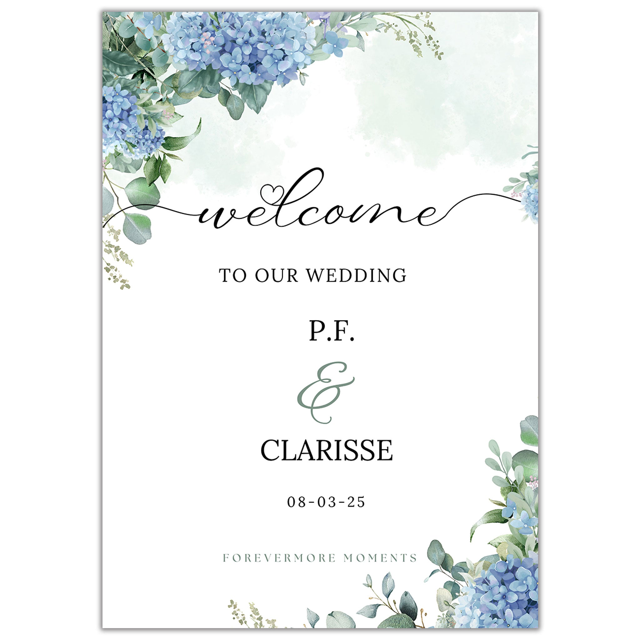 Elegant wedding welcome sign with blue hydrangea floral design and customizable names wedding signage digital file