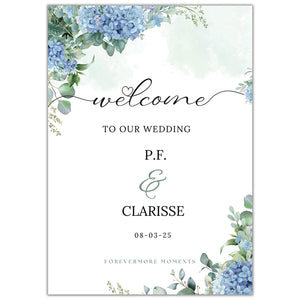 Elegant wedding welcome sign with blue hydrangea floral design and customizable names wedding signage digital file