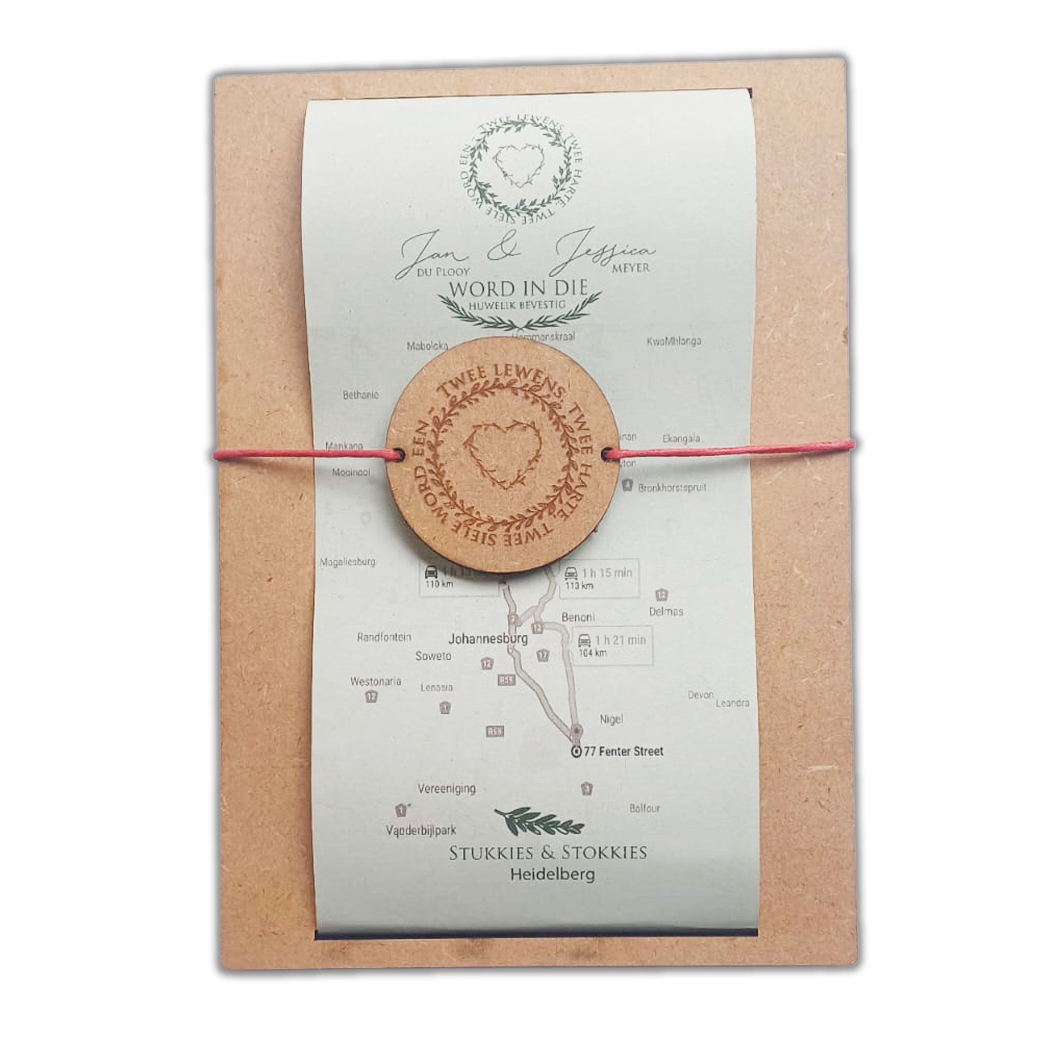 Laser cut willow tree wedding invitation in wood and detailed map design