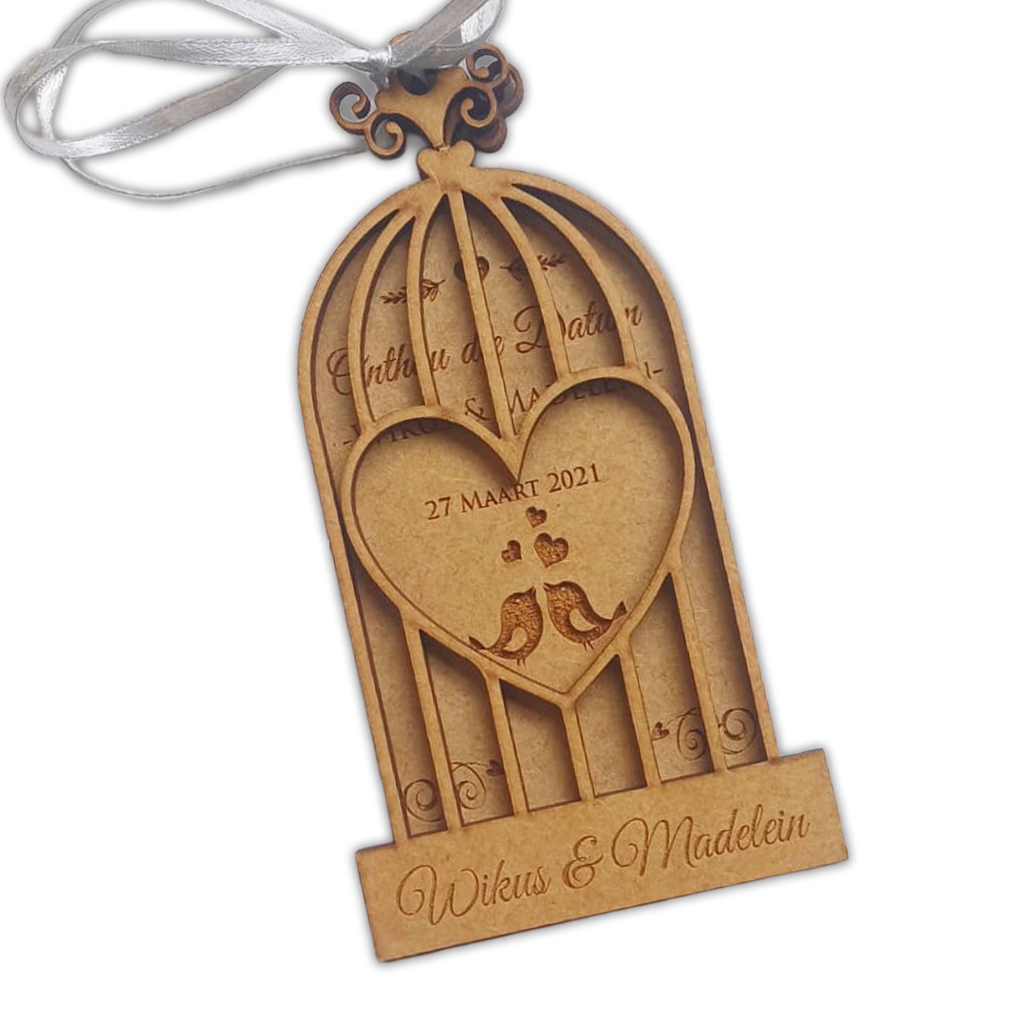 Wooden birdcage wedding save the date ornament with heart and birds design engraved with names and date