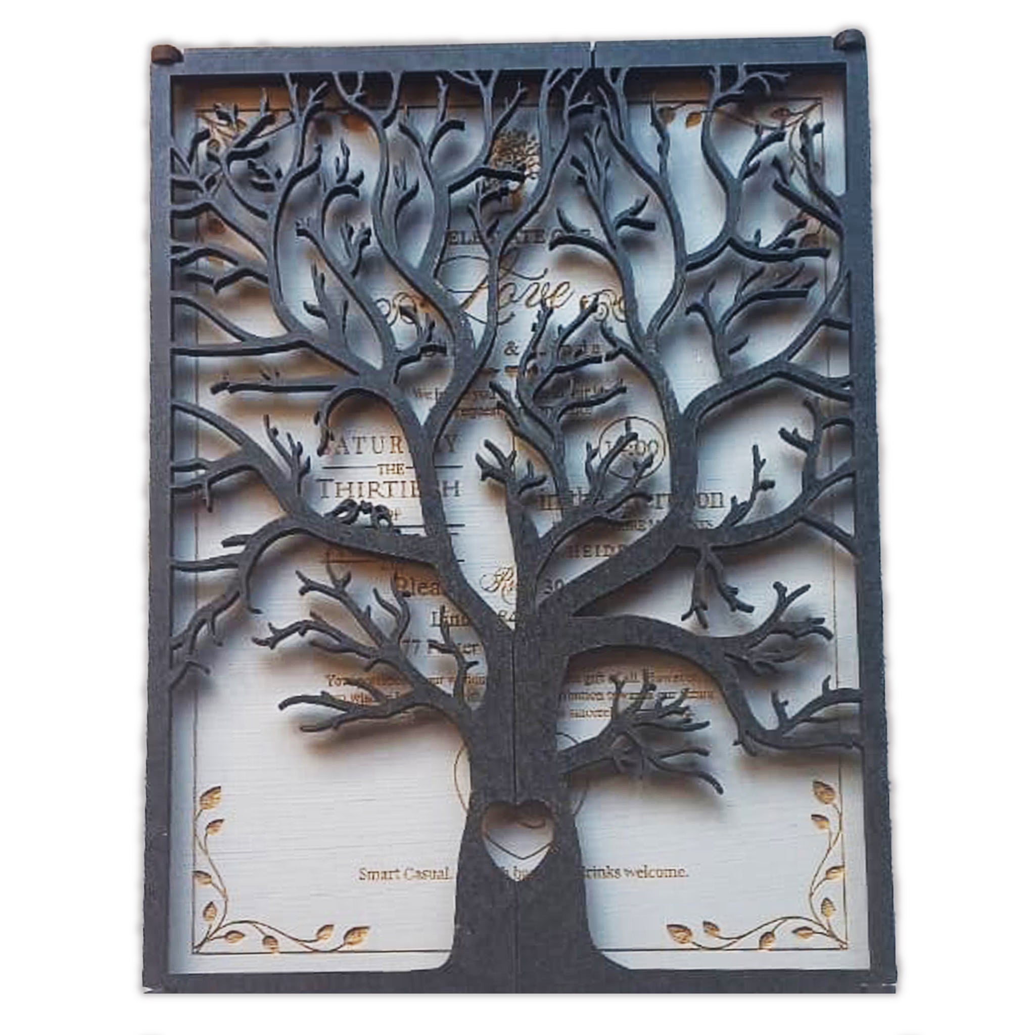 Forevermore Momentos laser-cut wooden tree invitation with intricate branches and heart detail