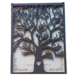 Forevermore Momentos laser-cut wooden tree invitation with intricate branches and heart detail