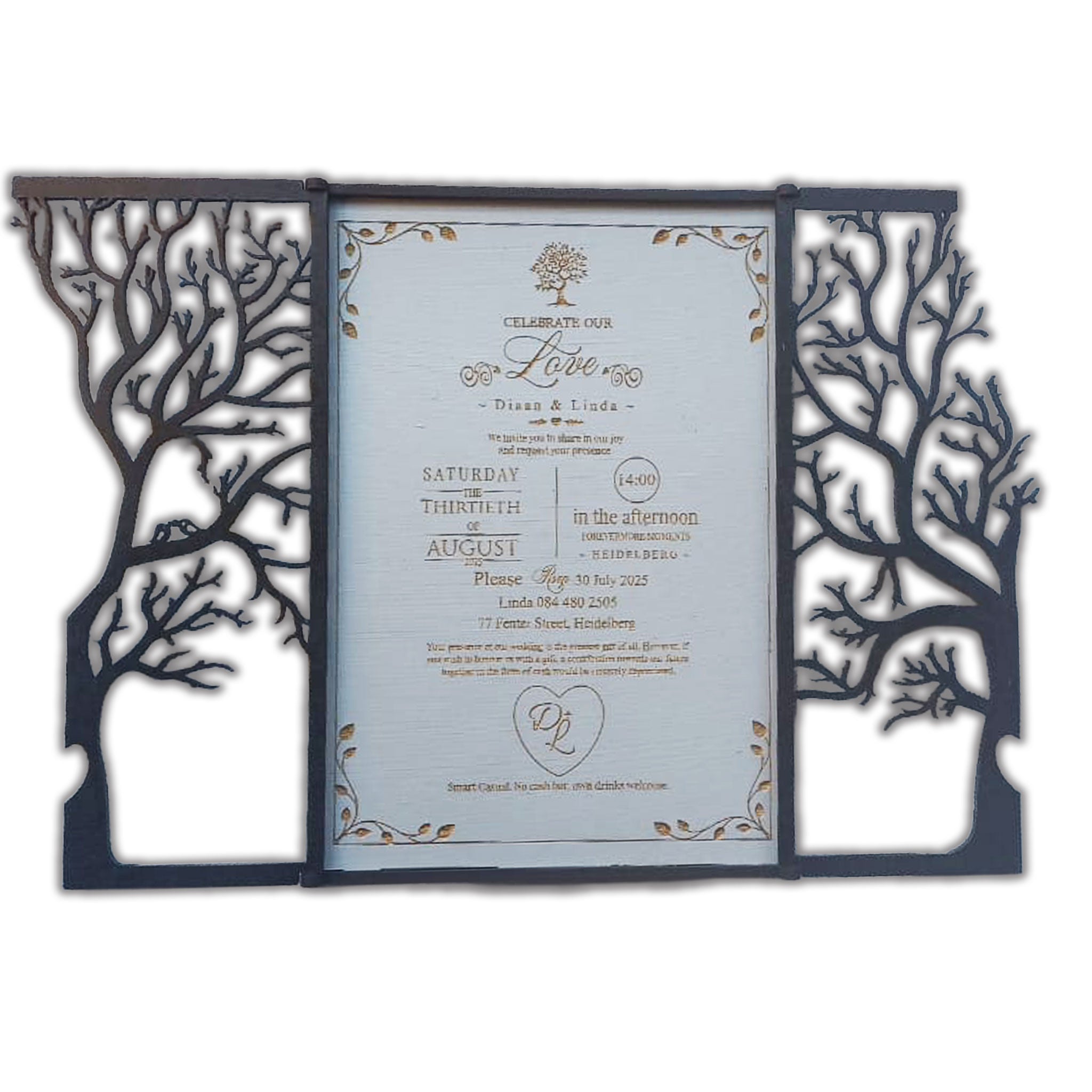 Elegant laser-cut wooden tree invitation with intricate tree design and wedding details in the center