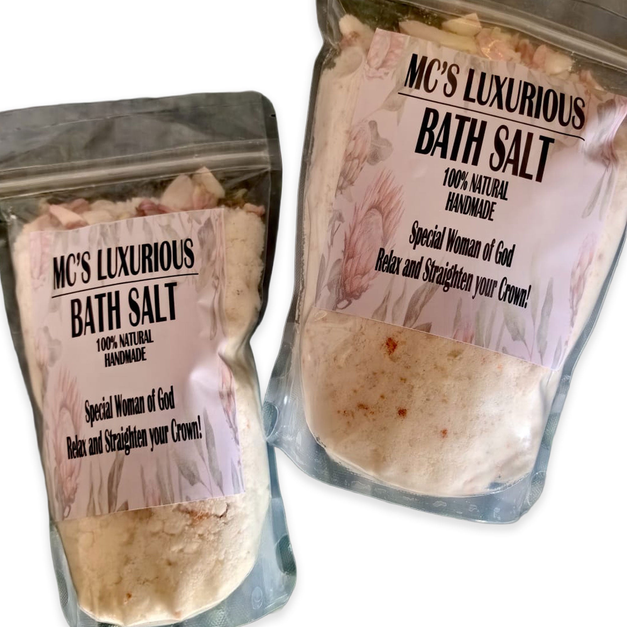 MC's Luxurious handmade bath salts gifts in resealable bags with natural relaxing ingredients