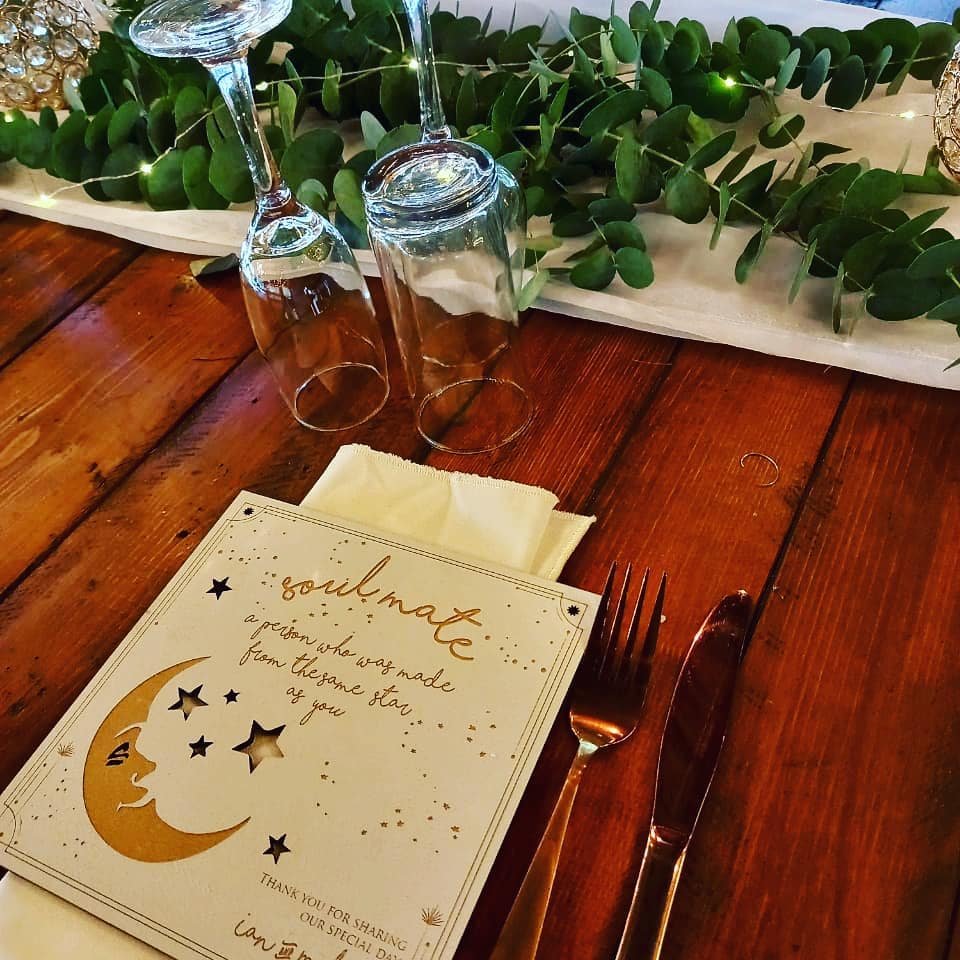 Moon and stars thank you gift underplate with moon design and soulmate message on wooden table