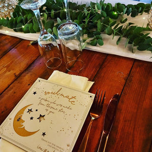 Moon and stars thank you gift underplate with moon design and soulmate message on wooden table