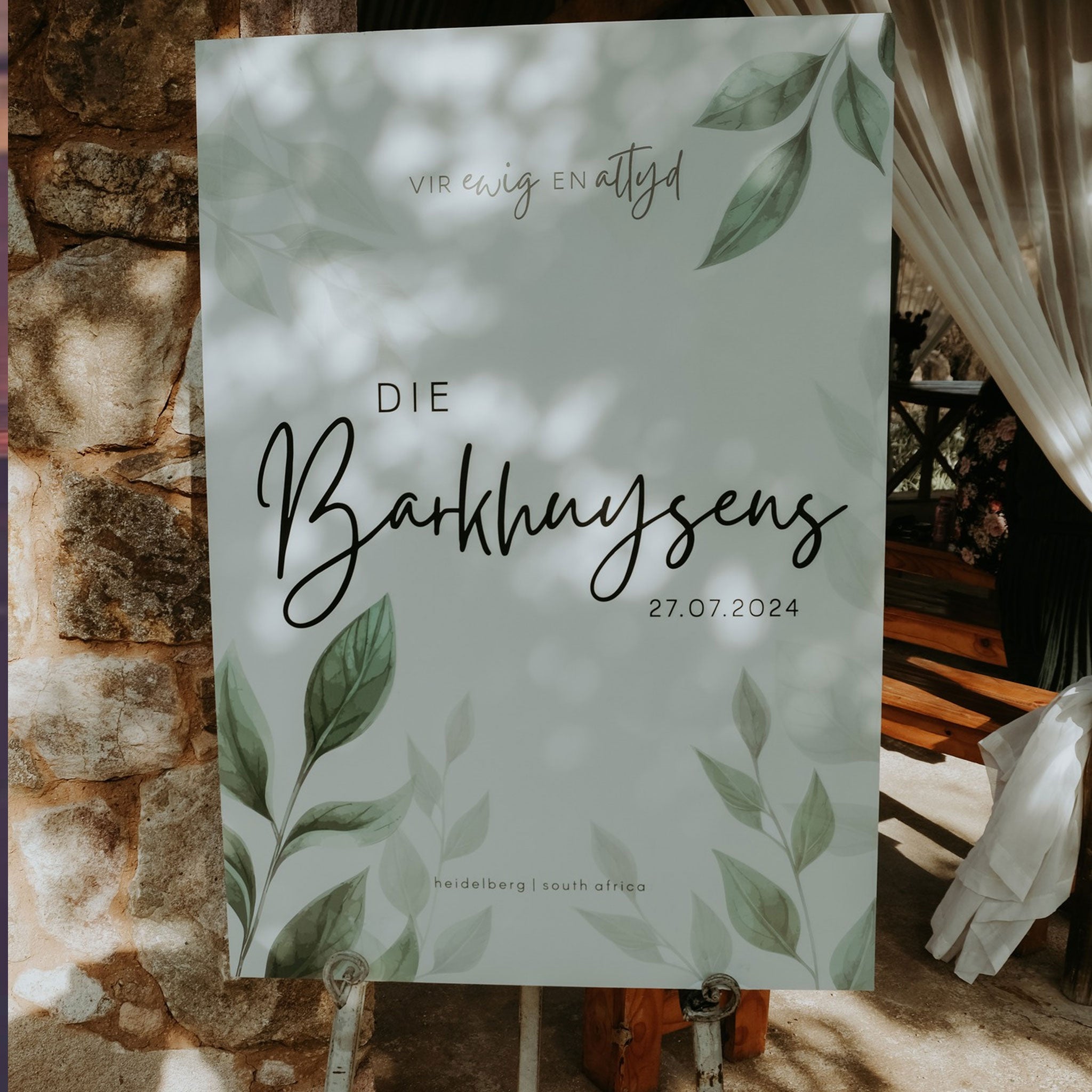 Personalized A2 wedding sign with green leaves design and custom family name