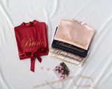 Personalized bridal party sleepwear set with bride and bridesmaid robes in various colors and elegant embroidery
