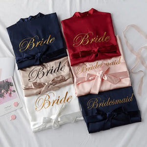 Personalized bridal party sleepwear set featuring Bride and Bridesmaid robes in various colors