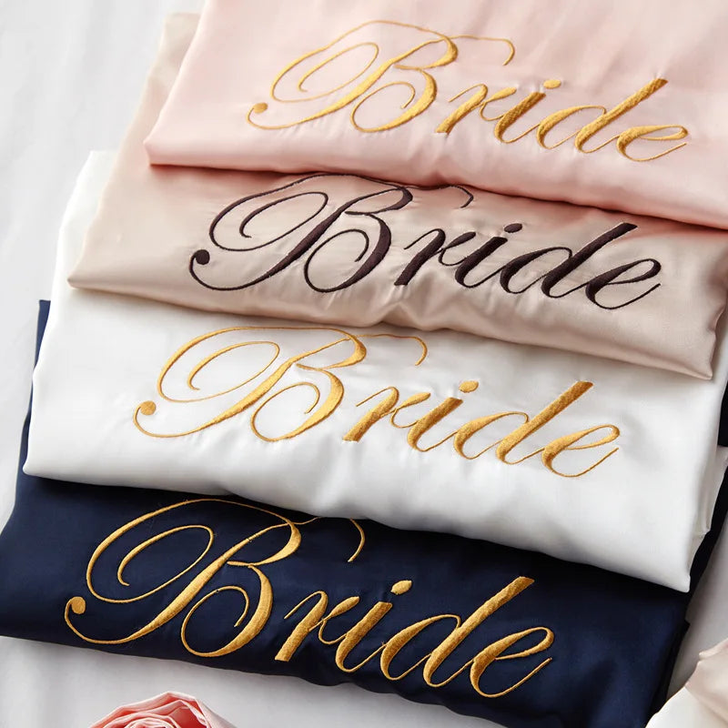 Personalized bridal party sleepwear in assorted colors with elegant 'Bride' embroidery