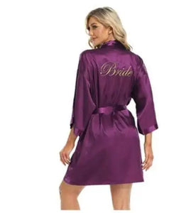 Purple personalized bridal party sleepwear robe with 'Bride' embroidered on the back