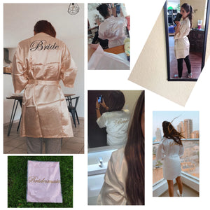 Personalized bridal party sleepwear shown with Bride and Bridesmaid robes in soft pink satin fabric