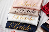 Personalized bridal party sleepwear featuring elegant ‘Bride’ embroidery in various colors