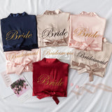 Personalized bridal party sleepwear in various colors featuring Bride and Bridesmaid prints
