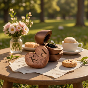 Personalized heart wood ring box with engraved initials and date, perfect for special moments