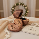 Personalized heart wood ring box with custom initials and date, perfect for special moments
