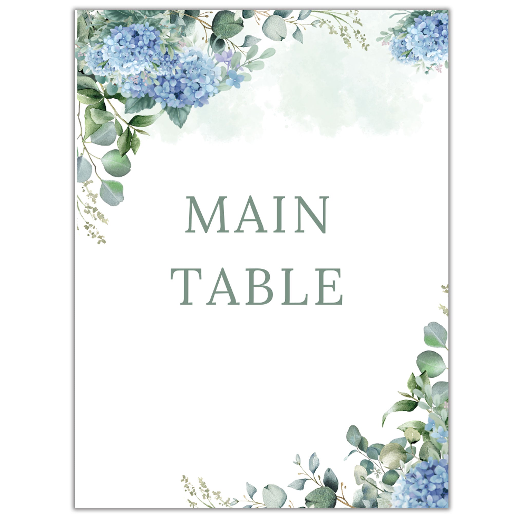 Personalized table numbers for weddings with blue hydrangea floral design by Forevermore Momentos