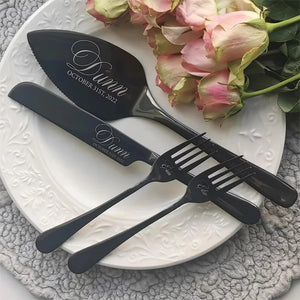 Personalized wedding cake cutting set with engraved names and date on stylish utensils