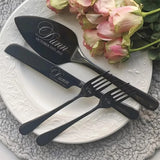 Personalized wedding cake cutting set with engraved names and date on stylish utensils