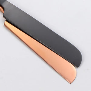 Personalized wedding cake cutting set with sleek black and rose gold stainless steel blades