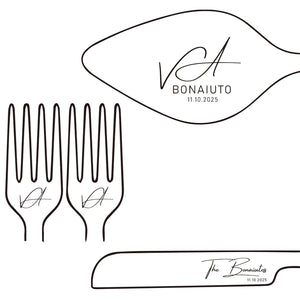Personalized wedding cake cutting set with engraved utensils featuring names and date for a memorable celebration