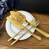 Personalized wedding cake cutting set featuring elegant gold utensils and customized names for newlyweds