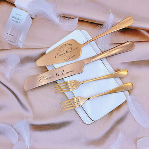 Personalized wedding cake cutting set with engraved names and date on elegant gold utensils