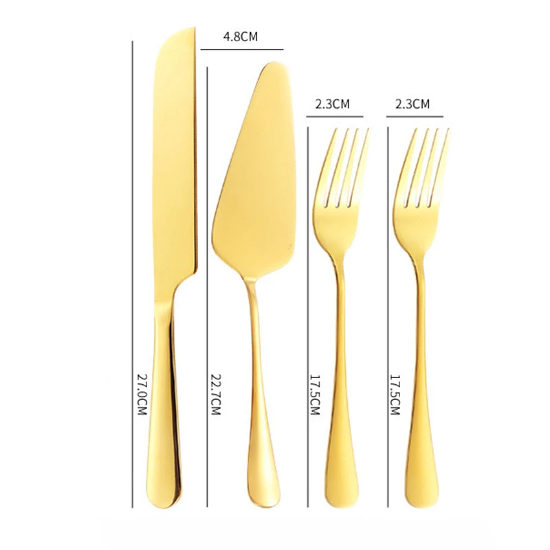 Elegant personalized wedding cake cutting set in gold featuring a knife and server with matching forks