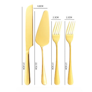 Elegant personalized wedding cake cutting set in gold featuring a knife and server with matching forks