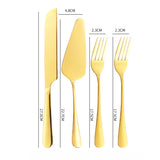 Elegant personalized wedding cake cutting set in gold featuring a knife and server with matching forks