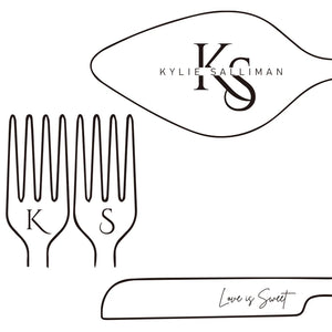 Personalized wedding cake cutting set featuring custom initials and the phrase Love is Sweet