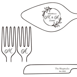 Personalized wedding cake cutting set featuring custom engraving with names and date