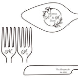 Personalized wedding cake cutting set featuring custom engraving with names and date