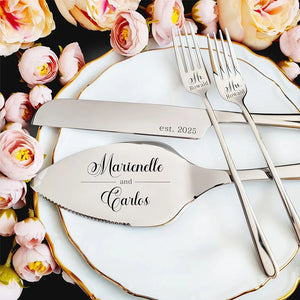Personalized wedding cake cutting set with engraved names and elegant design for memorable celebrations