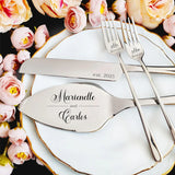 Personalized wedding cake cutting set with engraved names and elegant design for memorable celebrations