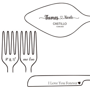 Personalized wedding cake cutting set with engraved names and dates to celebrate your special day