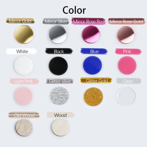 Color options for personalized wedding drink tags including mirror and solid finishes in various shades
