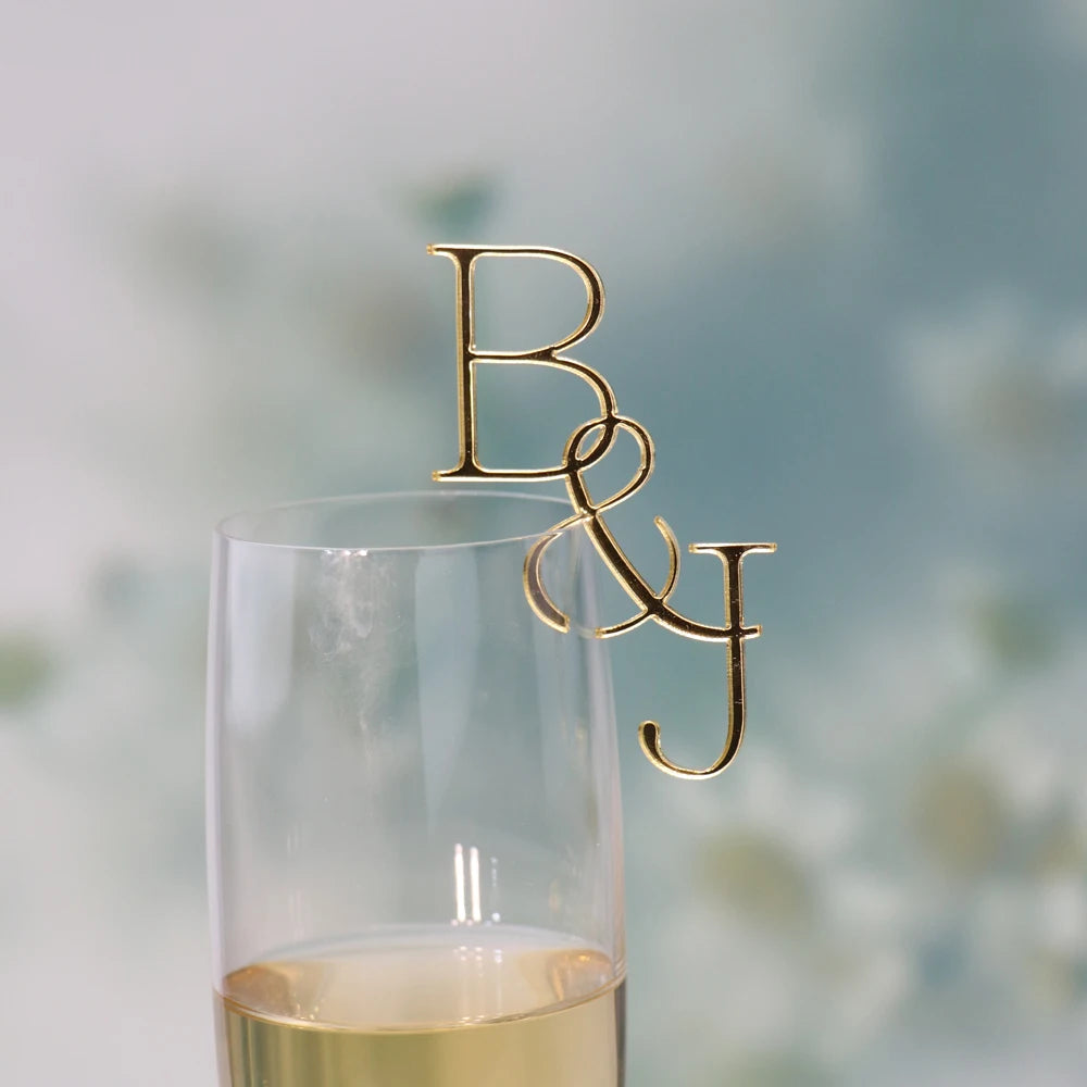 Personalized wedding drink tags in gold with elegant initials B and J for a sophisticated touch
