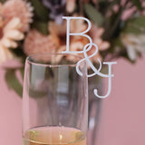 Personalized wedding drink tags featuring initials B and J for elegant celebrations