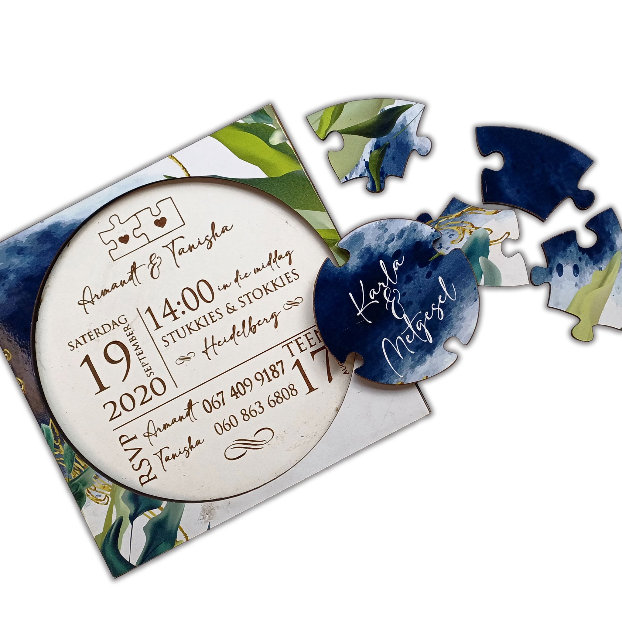 Personalized wedding invite puzzle with custom names and event details in floral design