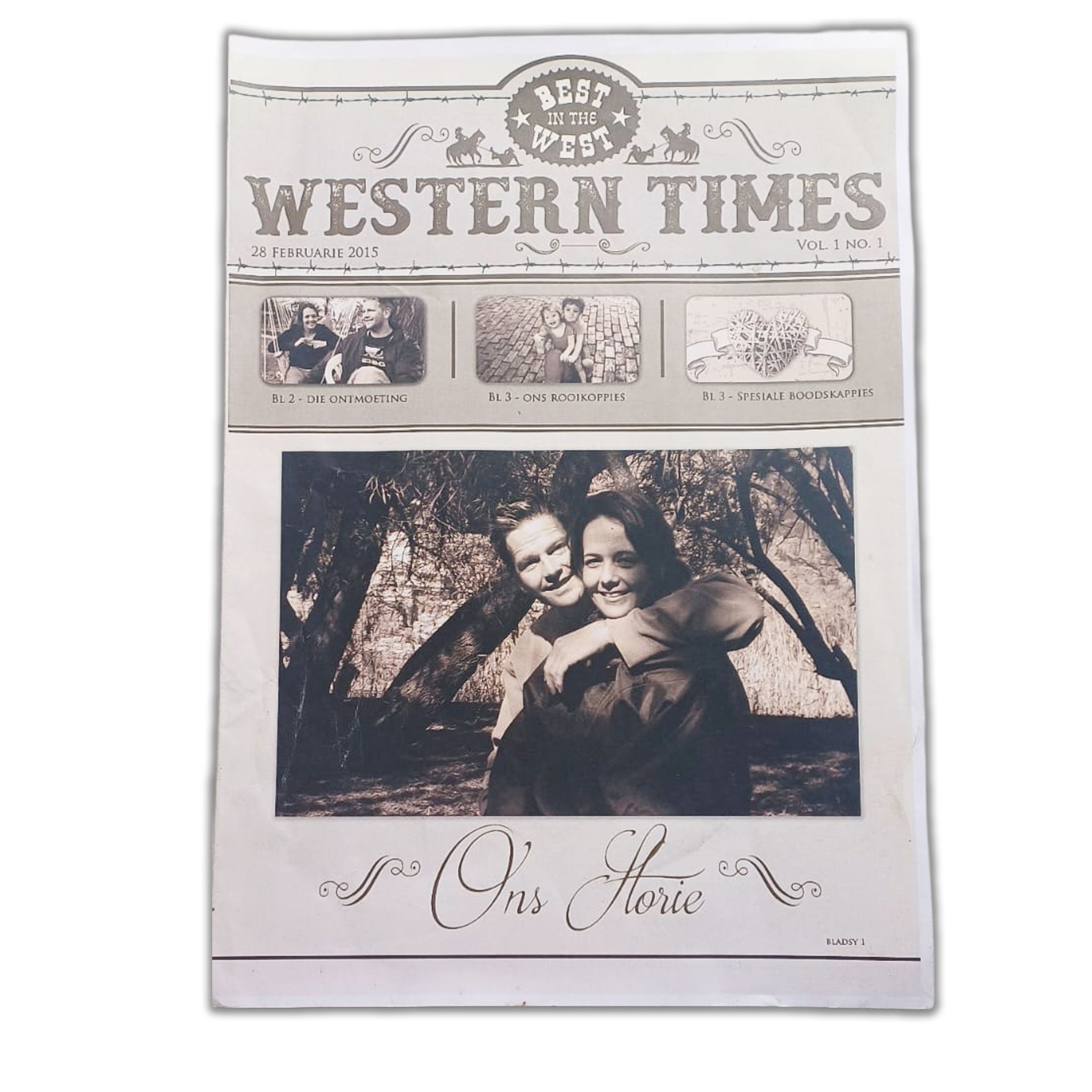 Personalized wedding newspaper featuring a vintage-style wedding photo and custom headlines