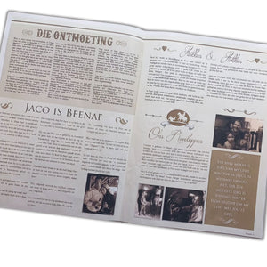 Open personalized wedding newspaper featuring custom articles and vintage-style photos