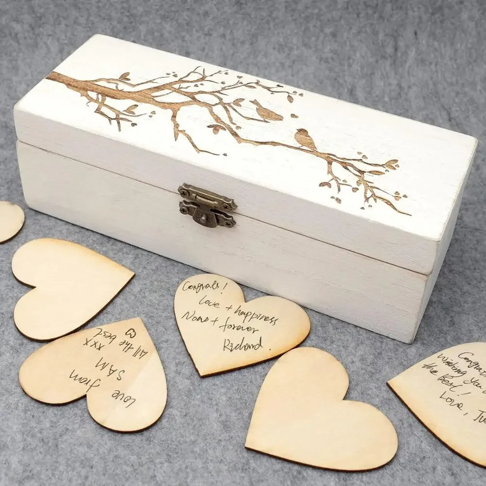Personalized wooden wedding guest book with heart-shaped message cards and decorative box