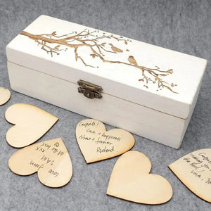 Personalized wooden wedding guest book with heart-shaped message cards and decorative box