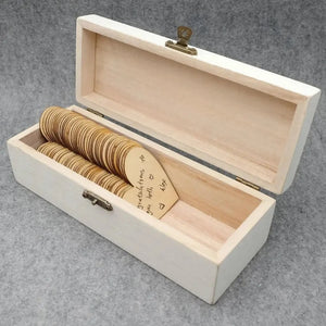 Personalized wooden wedding guest book with engraved wooden tokens in a decorative box