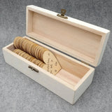 Personalized wooden wedding guest book with engraved wooden tokens in a decorative box