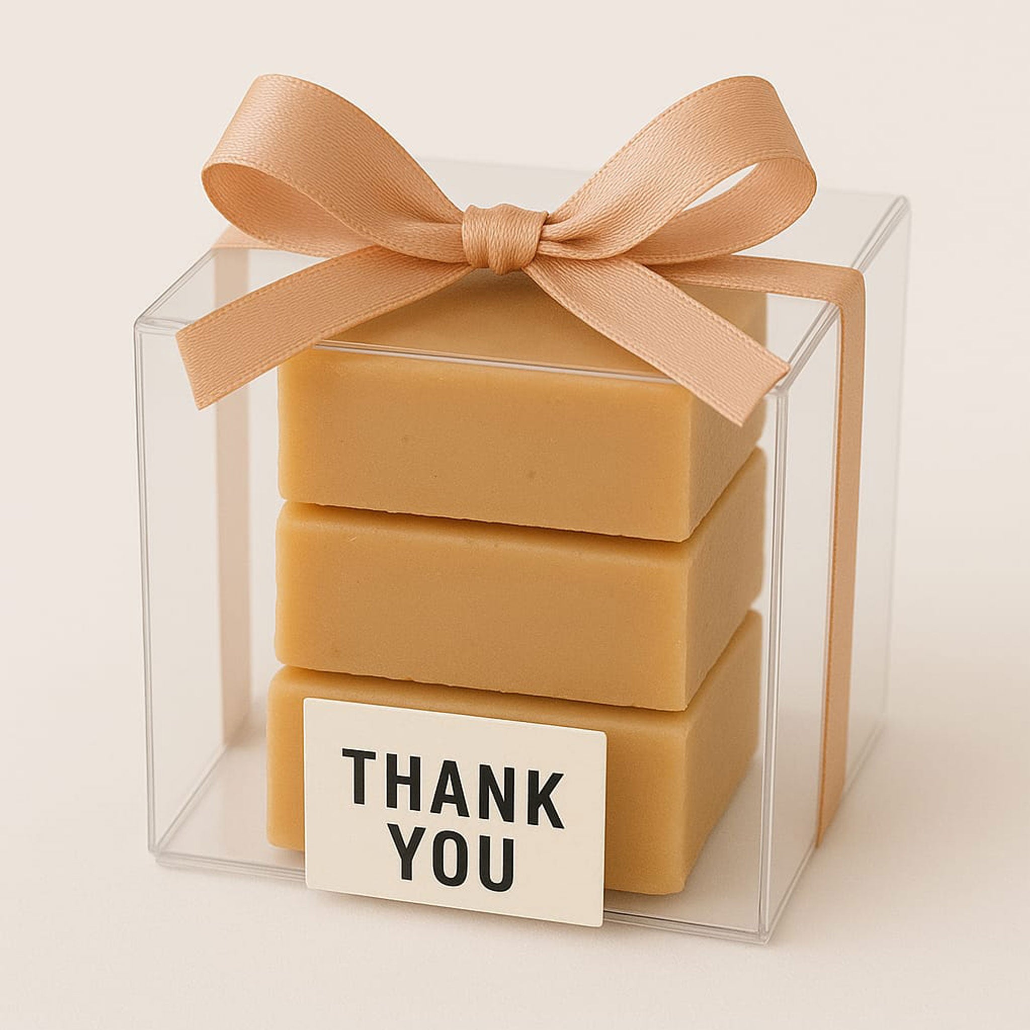 Forevermore Momentos real butter fudge gift box with three fudge pieces in clear box and peach bow