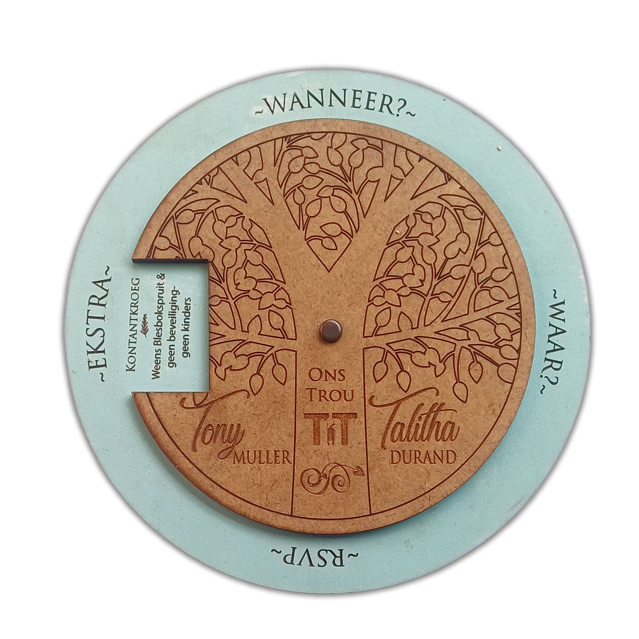 Forevermore Momentos rotatable wooden wedding invite with tree design and personalized names Tony Muller and Talitha Durand